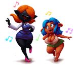  big_breasts black_skin blue_hair breasts chatalie cleavage clothed clothing crossgender dancing dark_skin duo eyeless female footwear ghost grass_skirt green_eyes grubsnitch hair high_heels huge_breasts humanoid lips musical_note not_furry one_eye_closed open_mouth orange_hair outta_sync shoes short_stack simple_background smile spirit thick_lips thick_thighs video_games white_background wide_hips wink yo-kai_watch 