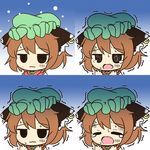  @_@ animal_ears brown_hair cat_ears chen closed_eyes closed_mouth crying fang green_hat hat jewelry mob_cap open_mouth pila-pela short_hair single_earring solo sweatdrop tears touhou trembling 