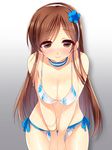  bikini blush breasts brown_eyes brown_hair cleavage hairband hano_haruka idolmaster idolmaster_cinderella_girls large_breasts long_hair looking_at_viewer nitta_minami smile solo swimsuit venus_syndrome 