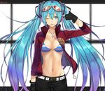  39 aqua_eyes aqua_hair belt bikini bikini_top cross finger_gun finger_gun_to_head fingerless_gloves gloves goggles goggles_on_head hatsune_miku headphones isshiki_(ffmania7) jewelry letterboxed long_hair navel necklace one_eye_closed solo striped striped_bikini swimsuit tongue tongue_out twintails twitter_username very_long_hair vocaloid 