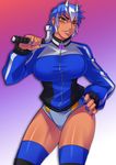  1girl blue_hair breakdown_(transformers) breasts dark_skin decepticon female genderswap hammer personification ryuusei_(mark_ii) shorts solo thighhighs transformers transformers_prime yellow_eyes 