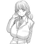  alternate_hairstyle arm_behind_back blush breasts greyscale huge_breasts long_hair low_twintails magaki_ryouta monochrome ojou_(galko) oshiete!_galko-chan scrunchie solo twintails 