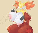  anthro big_breasts big_nipples blush breasts canine delphox female fennec fox fur looking_down mammal milk nintendo nipples one_eye_closed pok&eacute;mon signirsol sitting solo tthick_thighs video_games 