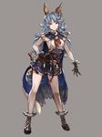  animal_ears belt belt_buckle blue_hair breasts brown_eyes buckle bunny_ears cape contrapposto earrings erune ferry_(granblue_fantasy) full_body gloves granblue_fantasy grey_background hand_on_hip highres holding jewelry kuma_(darakehoudai) legs long_hair looking_at_viewer loose_belt neckerchief pale_skin simple_background small_breasts solo standing wavy_hair whip 