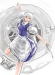 apron braid cup dole foreshortening gears izayoi_sakuya knife lips looking_at_viewer maid_apron maid_headdress plate pocket_watch red_eyes short_hair smile solo spilling teacup touhou tray twin_braids watch white_hair 