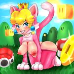  areola big_breasts blush breasts cat_suit ear_piercing erect_nipples erozer female fur_suit human mammal mario_bros nintendo nipples piercing princess_peach smile video_games 