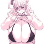  asymmetrical_hair blush bra breasts cardigan cleavage clothes_lift embarrassed galko gigantic_breasts long_hair magaki_ryouta one_side_up oshiete!_galko-chan school_uniform side_bun solo sweater sweater_lift underwear 