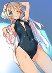  ;) blue_eyes closed_mouth covered_navel front_zipper_swimsuit meme_attire one-piece_swimsuit one_eye_closed smile solo swimsuit tan tanline tatami_to_hinoki towel wet 