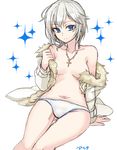  anastasia_(idolmaster) ashita_(2010) bad_id bad_twitter_id blue_eyes breasts cross cross_necklace highres idolmaster idolmaster_cinderella_girls jewelry necklace no_bra open_clothes panties parka short_hair silver_hair small_breasts smile solo sparkle underwear white_panties 