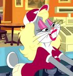  animated black_eyes blonde_hair breasts buckteeth bugs_bunny chair crossdressing cup gloves hair hat inside lagomorph lips long_hair looney_tunes makeup male mammal pink_nose rabbit standing surprise table tongue warner_brothers whiskers wide_hips 