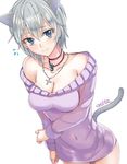  anastasia_(idolmaster) animal_ears ashita_(2010) bad_id bad_twitter_id blue_eyes blush breasts cat_ears cat_tail cleavage covered_navel highres idolmaster idolmaster_cinderella_girls jewelry large_breasts necklace short_hair silver_hair smile solo tail 