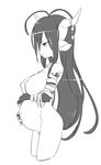  antenna_hair bandages breasts danua draph fingerless_gloves from_side gloves granblue_fantasy greyscale hand_on_own_stomach horns large_breasts long_hair looking_down monochrome nipples nude parted_lips pointy_ears pregnant pubic_hair simple_background solo squemezzo white_background 