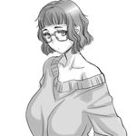  alternate_breast_size bangs breasts collarbone freckles glasses greyscale large_breasts magaki_ryouta monochrome off_shoulder oshiete!_galko-chan otako_(galko) sketch solo sweater 