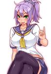  ahoge aoba_(kantai_collection) black_legwear blush crossed_legs green_eyes kantai_collection pinky_out ponytail purple_hair school_uniform serafuku short_hair short_sleeves sitting skirt solo thighhighs tongue tongue_out yukinojou_yakan zettai_ryouiki 