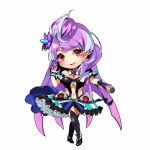  1girl :d black_legwear breasts chibi choker cleavage full_body highlights highres holding holding_microphone long_hair looking_at_viewer macross macross_delta medium_breasts microphone midriff mikumo_guynemer mizukiyan multicolored_hair navel open_mouth purple_hair red_eyes shiny shiny_hair simple_background smile solo standing stomach thighhighs tied_hair very_long_hair white_background 