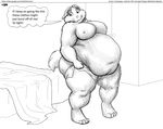  2010 anthro bed belly big_belly big_breasts breasts canine clothed clothing comic dressing english_text faf female fox half-dressed mammal monochrome navel nipples overweight solo speech_bubble text topless 