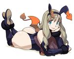  ass bare_shoulders blue_eyes breasts brown_hair demon_tail drill_hair full_body hairband highres huge_ass ishikawa_hideki large_breasts legs_up lips long_hair looking_at_viewer lovers_inose lying on_stomach ring_dream simple_background smile solo tail thighs white_background wide_hips wings 