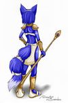  anthro blue_fur blue_hair bracers canine female fox fur hair headband krystal mammal mancoin markings nintendo plain_background polearm sandals short_hair shoulder_pads signature solo staff star_fox tribal video_games weapon white_fur 