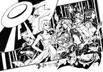  3girls 5boys artist_name bug butterfly disc emporio_alnino enrico_pucci ermes_costello foo_fighters greyscale highres insect jojo_no_kimyou_na_bouken kuujou_jolyne kuujou_joutarou light_rays monochrome multiple_boys multiple_girls narciso_anasui prison_cell stone_ocean weather_report 