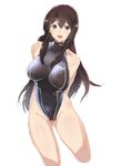  :d akagi_(kantai_collection) arms_behind_back brown_eyes brown_hair cropped_legs heigani highleg highleg_swimsuit kantai_collection long_hair one-piece_swimsuit open_mouth sketch smile solo standing swimsuit turtleneck 