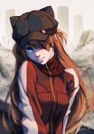  1girl 2018 absurdres animal_ears animal_hat black_hat blue_eyes brown_hair cat_ears dated eyepatch fake_animal_ears hat head_tilt highres long_hair long_sleeves looking_at_viewer neon_genesis_evangelion peaked_cap red_sweater signature skull solo soryu_asuka_langley sweater turtleneck turtleneck_sweater upper_body very_long_hair xiaobanbei_milk 