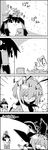  4koma antennae arm_up arms_up bow cape chibi chibi_on_head comic commentary cup faceplant greyscale hair_bow hair_tubes hakurei_reimu highres medicine_melancholy minigirl monochrome multiple_girls on_head seiza shirt shoujo_kitou-chuu sitting skirt sleeping smile stretch sun sunlight tani_takeshi teacup touhou translated wriggle_nightbug yukkuri_shiteitte_ne 