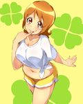  1girl artist_request blonde_hair breasts brown_hair cleavage collarbone female happinesscharge_precure! highres hrgm large_breasts looking_at_viewer navel oomori_yuuko plump precure short_hair solo thighs tongue yellow_eyes 