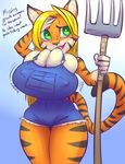  2015 anthro big_breasts breasts cleavage clothed clothing english_text feline female huge_breasts mammal pitchfork sweat text thefuckingdevil tiger 