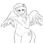  2015 anthro anthrofied big_breasts biting_lip black_and_white breasts chubby cutie_mark equine female fluttershy_(mlp) friendship_is_magic glacierclear hair hand_on_breast lactating mammal milk monochrome my_little_pony navel nipples pegasus pussy solo wings 