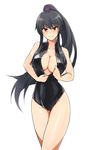  bad_id bad_pixiv_id black_hair breasts cleavage front_zipper_swimsuit highres kantai_collection large_breasts long_hair meme_attire one-piece_swimsuit open_fly ponytail red_eyes swimsuit tebukuro_withana unzipped yahagi_(kantai_collection) 