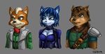  anthro black_nose blue_eyes blue_fur blue_hair brown_fur brown_hair canine dinosaur_planet female fox fox_mccloud fur gem hair hair_ornament jacket jewelry krystal male mammal nintendo plain_background pluckyninja sabre scarf short_hair shoulder_pads signature smile star_fox tribal video_games white_fur 