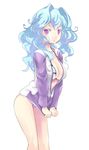  absurdres bikini blue_hair breasts cleavage colored_eyelashes curly_hair dungeons_&amp;_princess hair_intakes highres jacket jacket_tug large_breasts long_hair looking_at_viewer open_clothes purple_eyes solo striped striped_bikini swimsuit takashi_moritaka track_jacket unzipped white_background 