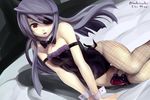  artist_name blush bow breasts collar commentary completion_time cuffs eyepatch fishnet_pantyhose fishnets infinite_stratos laura_bodewig long_hair maullarmaullar medium_breasts on_bed pantyhose photo-referenced purple_hair red_eyes solo thigh_gap twitter_username 