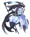  ahoge black_sclera blue_skin blush breasts disembodied_head dullahan full_body gauntlets greaves holding_head huge_ahoge lala_(monster_musume) large_breasts long_hair monster_musume_no_iru_nichijou official_art okayado scythe simple_background skirt solo thigh_gap thighhighs very_long_hair white_background white_hair white_skirt yellow_eyes zettai_ryouiki 