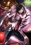  alternate_costume alternate_hair_color black_hair box_(hotpppink) breasts chinese_new_year cleavage_cutout dual_wielding fireworks green_eyes hair_over_one_eye highres holding katarina_du_couteau lantern large_breasts league_of_legends lion_dance lipstick long_hair looking_at_viewer makeup paper_lantern scar scar_across_eye solo sword warring_kingdoms_katarina weapon 