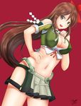  :d amagi_(kantai_collection) artist_name breasts brown_eyes brown_hair chiyo_goya cleavage cleavage_cutout cowboy_shot crop_top dated flower green_skirt hair_flower hair_ornament hand_on_hip highres kantai_collection large_breasts long_hair looking_at_viewer midriff navel open_mouth pleated_skirt red_background signature simple_background skirt smile solo very_long_hair 
