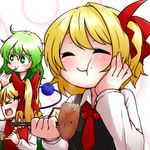  &gt;_&lt; :&gt; :d :t blonde_hair blush chopsticks chopsticks_in_mouth closed_eyes croquette eating fang flandre_scarlet foodgasm green_eyes green_hair hair_ribbon hand_on_own_face kameyan komeiji_koishi long_sleeves multiple_girls no_hat no_headwear open_mouth outstretched_arm ribbon rumia short_hair side_ponytail smile third_eye touhou wings xd 