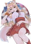  1girl animal_ears bag fate/grand_order fate_(series) fingernails fox_ears fox_tail hand_on_own_stomach highres kujuu_shikuro long_hair lying on_back orange_hair school_bag scrunchie skirt suzuka_gozen_(fate) tail thighs wrist_scrunchie 