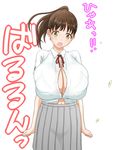  1girl areolae blush breast_expansion breasts brown_hair bursting_breasts huge_breasts ido_kibino kibino_ido long_hair open_mouth ponytail popped_button school_uniform schoolgirl skindentation solo straining_buttons uniform upper_body yellow_eyes 