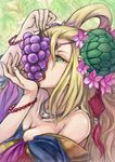 bare_shoulders beads blonde_hair bracelet breasts circlet cleavage collarbone fingernails flower food fruit grapes green_eyes hair_flower hair_ornament hair_rings holding jewelry leaf licking long_hair medium_breasts meimei_(p&amp;d) necklace off_shoulder open_mouth puzzle_&amp;_dragons shouma_(bravespiritya) solo turtle_shell 