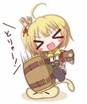  &gt;_&lt; ahoge bag blonde_hair blush_stickers closed_eyes gloves hair_ornament komakoma_(magicaltale) mallet mallet_(ole_tower) ole_tower side_ponytail skirt solo 