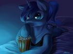  2015 bed being_watched blue_hair cutie_mark equine female friendship_is_magic gjwlsguq999 hair horn lying mammal my_little_pony ponytail popcorn princess_luna_(mlp) smile winged_unicorn wings 