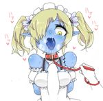  1girl bare_shoulders bdsm blonde_hair blue_skin breasts collar disgaea hair_over_one_eye leash maid maid_(disgaea) maid_uniform negationtenmaru open_mouth penis pointy_ears saliva slave twintails yellow_eyes zombie 