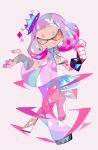  +_+ 1girl amakusa_(hidorozoa) black_gloves boots bright_pupils crown dress fingerless_gloves full_body gloves grey_background hands_up hime_(splatoon) looking_at_viewer pink_hair sharp_teeth short_hair simple_background smile solo splatoon splatoon_(series) splatoon_2 standing standing_on_one_leg teeth thighhighs yellow_eyes zipper 