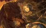  1girl :o arm_holding bad_id bad_pixiv_id blue_hair bow_(weapon) brown_gloves brown_hair cape cloak elbow_gloves elona eyebrows_visible_through_hair from_below gloves hand_on_another's_arm harusame_(rueken) hood hooded_cloak larnneire leaf leather leather_gloves open_mouth outdoors plant robe short_hair shoulder_pads sweatdrop tree weapon whom_dwell_in_vanity_(elona) 