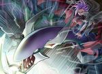  black_hair cloak dark_rebellion_xyz_dragon dragon duel_monster lightning male_focus multicolored_hair necktie open_mouth purple_hair riding solo tmk wrist_cuffs yuu-gi-ou yuu-gi-ou_arc-v yuuto_(yuu-gi-ou_arc-v) 