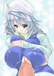  1girl blue_eyes breast_squeeze breasts cum ejaculation hat huge_breasts letty_whiterock paizuri paizuri_under_clothes penis perpendicular_paizuri silver_hair solo_focus toono_yayoi touhou uncensored 