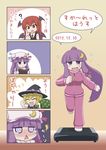  3girls 4koma :&lt; :d :o ? ^_^ abbreviated_karakusa alternate_costume alternate_hairstyle bad_id bad_pixiv_id bangs bat_wings blunt_bangs blush book chibi closed_eyes comic commentary crescent crescent_hair_ornament dated dress_shirt embarrassed expressionless full-face_blush hair_ornament hair_ribbon hat head_tilt head_wings highres holding holding_book kirisame_marisa koakuma long_hair long_sleeves multiple_girls necktie open_book open_mouth patchouli_knowledge ponytail puffy_short_sleeves puffy_sleeves reading red_eyes red_hair ribbon running sack shirt short_sleeves sidelocks smile sweatdrop tears touhou track_suit translated treadmill tress_ribbon triangle_mouth very_long_hair vest white_shirt wings witch_hat yetu zipper 