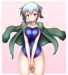  blush breast_squeeze breasts cardigan competition_school_swimsuit covered_nipples green_eyes green_hair grin hidamari_sketch jacket_on_shoulders kagami_uekusa large_breasts nori one-piece_swimsuit school_swimsuit short_twintails smile solo standing swimsuit twintails v_arms 