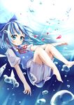  barefoot bloomers blue_eyes blue_hair bow bubble cirno hair_bow highres ice ice_wings petals shirt short_sleeves skirt skirt_set solo soramuko touhou underwater underwear upskirt vest wings 